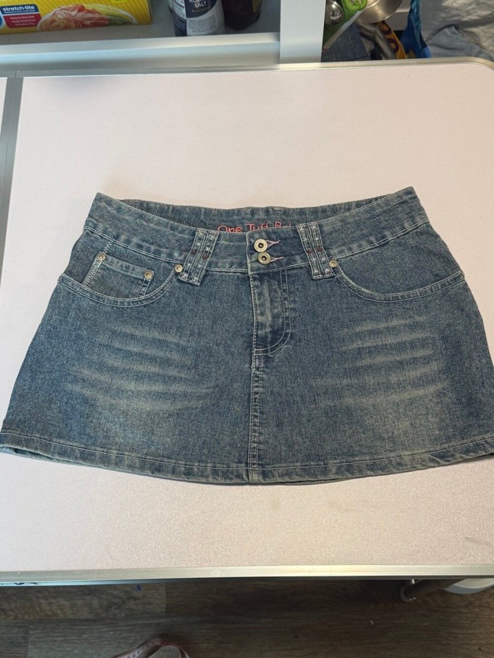 Vintage Y2K One Tuff Babe Denim Mini Skirt 1/2 Low Rise Rhinestone McBling